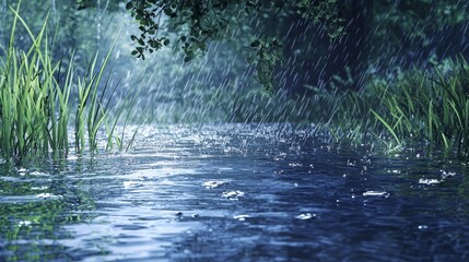 Fototapeta premium Tranquil Rainfall Over Calm Water Surface with Lush Green Grass in a Serene Natural Landscape Setting