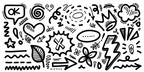Hand drawn doodle design elements. flower, Arrow, heart, leaves, cloud and other,