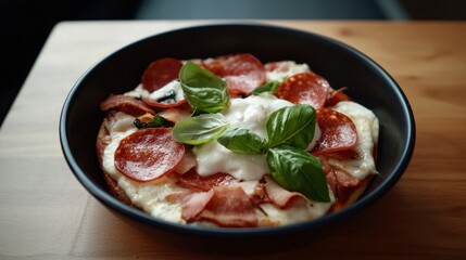 Delicious Heart Shaped Pizza with Pepperoni  Bacon  and Burrata