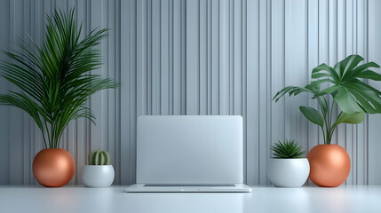 White Laptop Mockup with Green Potted Plants on White Table and Wall