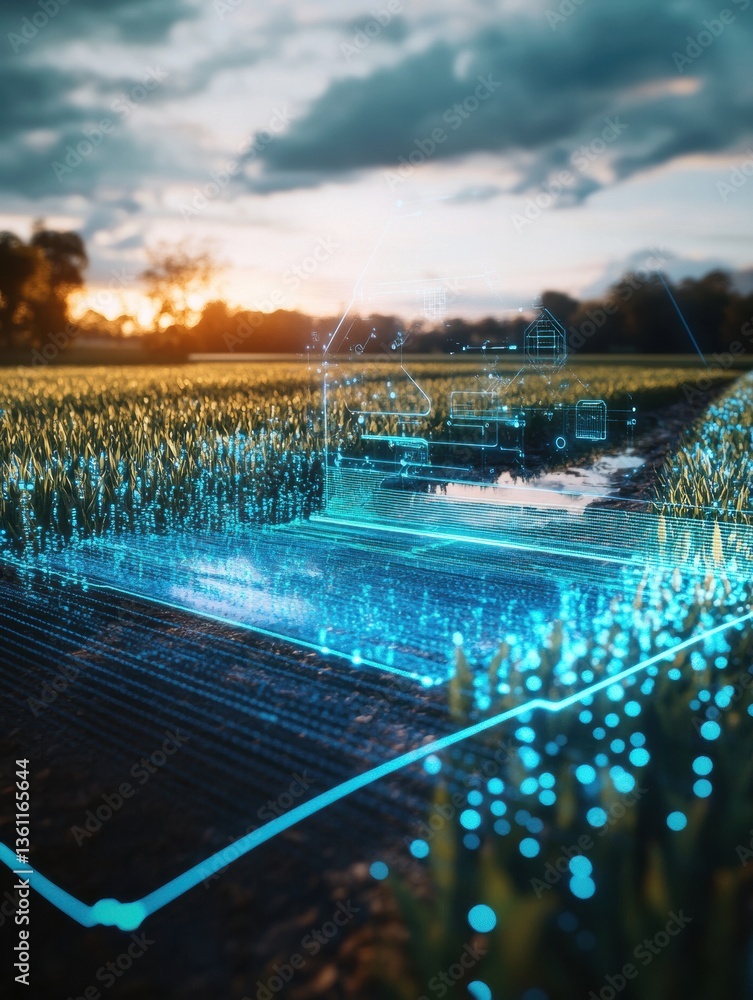 Poster high-tech holographic display showcases crop yield data over rural farmland at sunset generative ai