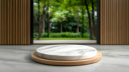 Obraz premium White Marble and Wood Display Stand Against Blurred Garden Background