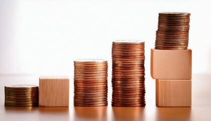 Realistic Coin Stack with Wooden Mini Graph Illustrating Business Trends