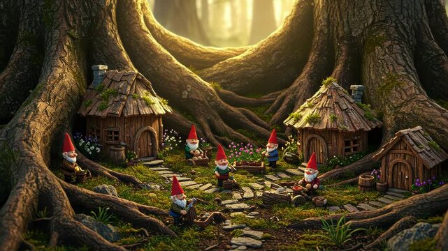 A whimsical scene of gnomes in an enchanted forest village.