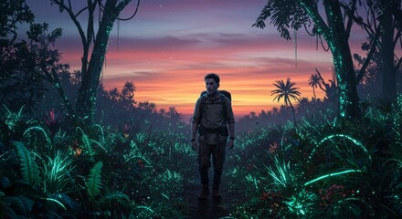 Adventurer Walking Through Bioluminescent Tropical Forest at Sunset