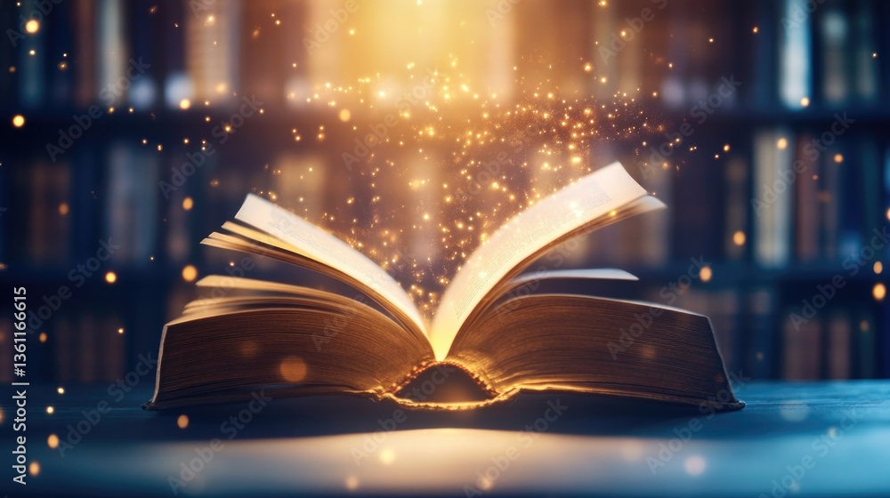 Poster magical open book with floating golden sparks in a dimly lit library