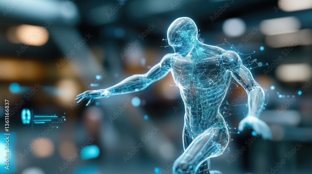 Poster futuristic transparent android with holographic interface in motion