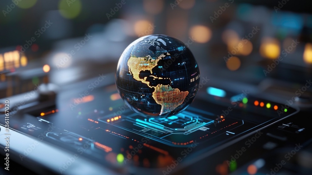 Poster digital globe on futuristic console displaying americas in high-tech environment