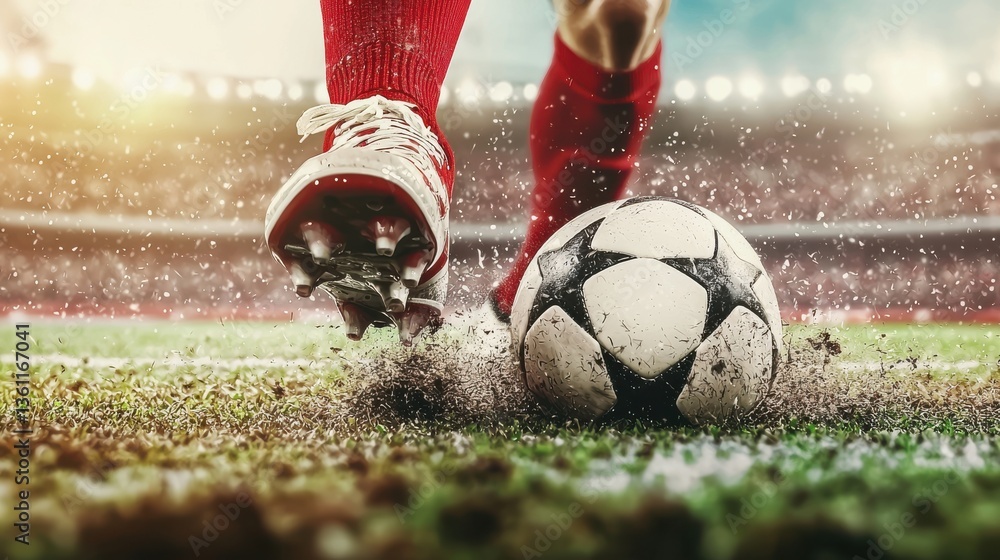 Poster intense soccer game played on an illuminated stadium field with players in action kicking the ball a