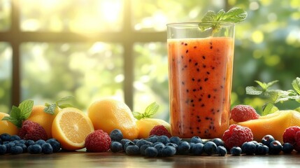 Refreshing fruit smoothie in glass with assorted berries and citrus fruits.