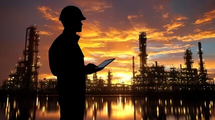 Fototapeta premium Silhouetted industrial engineer or worker standing in front of an oil refinery or petrochemical plant observing the facility during a dramatic fiery sunset with the reflection on the water