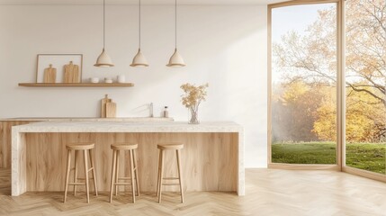 Minimalist modern kitchen and dining area with wooden counter stools and shelves overlooking a beautiful nature landscape through a large window