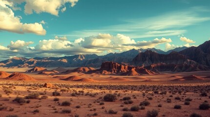 Scenic Desert Landscape with Mountains and Clouds Under a Bright Sky