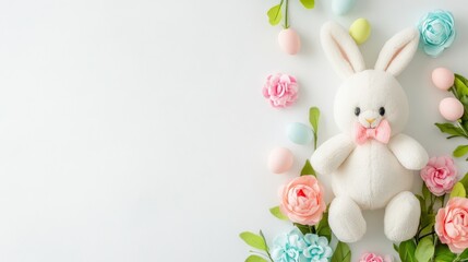 Obraz premium Bunny Plush Toy with Pastel Flowers on White Background