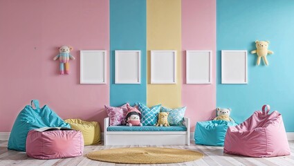 Playful Pastel Children's Room with Blank Wall for Art. Mockup for artwork and posters in a pastel kids' bedroom.