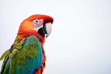 Fototapeta premium profile of vibrant parrot with intricate feather patterns against stark white backdrop to highlight its vivid colors