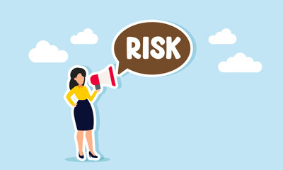 A businesswoman speaks through a megaphone, generating a chat bubble that says RISK, illustration of socialization and education about business risk