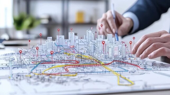 Detailed city map blueprint displaying the intricate layout and infrastructure of a bustling metropolitan area including various transportation networks commercial and residential zones