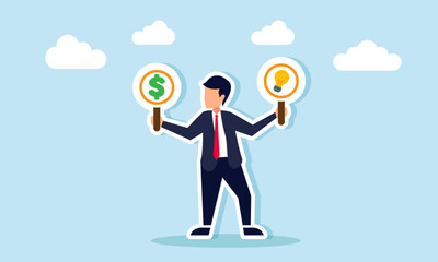 A businessman holds two boards in each hand, featuring a light bulb and a dollar sign, illustration of two choices between gain profit or execute new business ideas and innovations