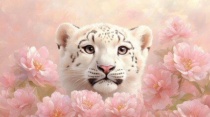 A majestic white tiger serenely roams through field of vibrant pink flowers in full bloom