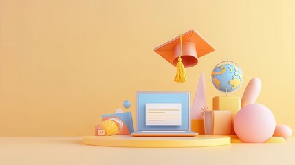 Minimalist abstract composition representing online education and graduation featuring a laptop graduation cap globe and various geometric shapes and colors