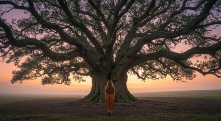 Woman in Orange Dress Contemplating Majestic Ancient Oak Tree at Sunrise