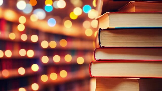 Cozy library with glowing lights and stacked books International Public Domain Day
