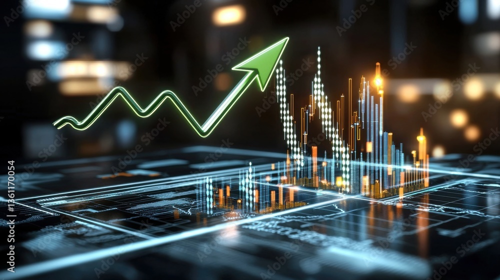 Poster digital finance growth indicators with futuristic market chart visualizations data analytics dashboa