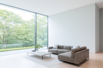 Fototapeta premium modern living room featuring sleek leather sofa and minimalist coffee table bathed in natural light from large creating