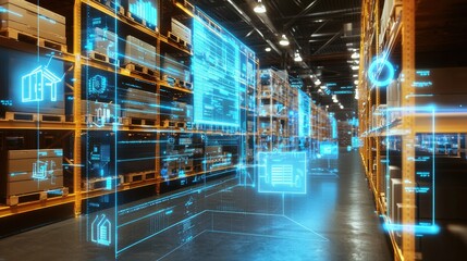 Futuristic automated warehouse with advanced digital logistics and inventory management systems  Showcasing a high tech integrated facility with smart technologies like robotics data analytics