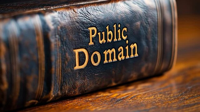 Aged leather book with embossed 'public domain' text on wooden surface. International Public Domain Day