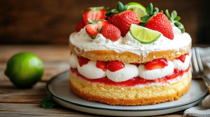 Luscious strawberry lime layer cake with whipped cream and fresh fruit garnish. Cinco de Mayo, Battle of Puebla Day, Mexican Heritage Festival - Latin American Cultural Celebration