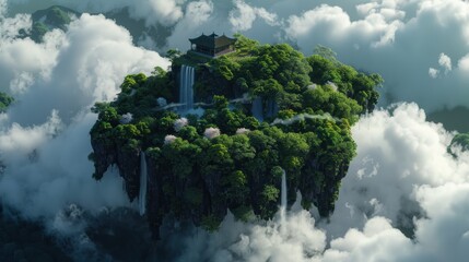 Fantasy floating island with Asian temple, lush vegetation, and waterfalls in the clouds