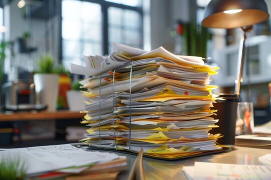 Collection of business analytics charts and graphs stacked on each other on paper on desk in office