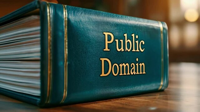 Public domain book on wooden table with sunlight. International Public Domain Day