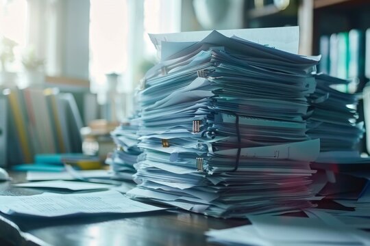 Collection of business analytics charts and graphs stacked on each other on paper on desk in office