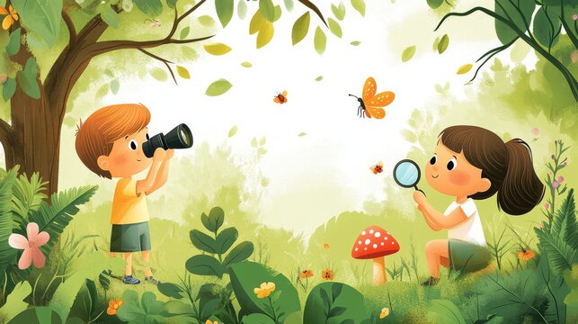a colorful and playful vector scene of young children eagerly discovering nature a boy peers through binoculars towards the treetops, searching for birds, while a girl crouches down, using a