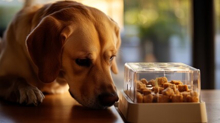 a curious dog eagerly investigating an intricate food puzzle, its nose hovering over a partially opened compartment filled with dried treats the image focuses on the dog's alert eyes and wagging tail