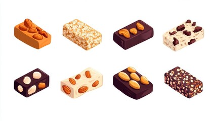 Assorted nougat bars with nuts and ingredients on a white background