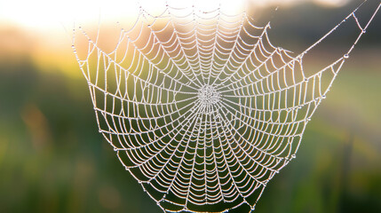 Environmental crisis Dew covered spiderweb glistening in early morning light, nature delicate art