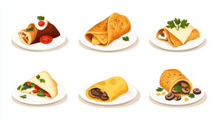 Assorted Delicious Wraps with Fresh Ingredients on White Plates