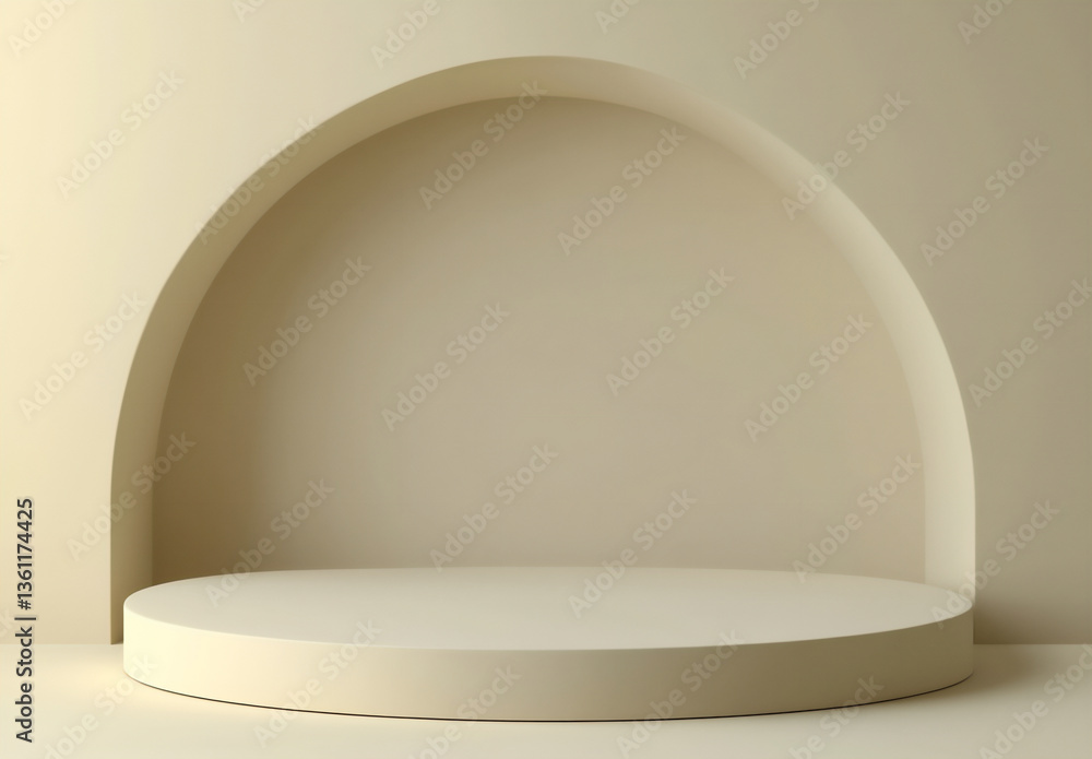 Poster minimalist abstract background for product presentation, a beige podium with a round shape and copy 
