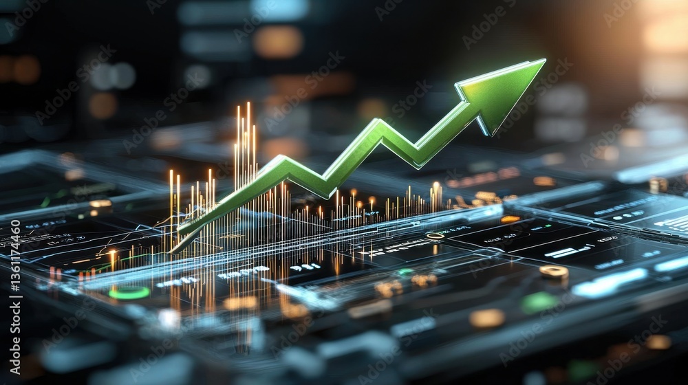 Poster digital visualization of market data and financial analytics displaying investment growth trends tra