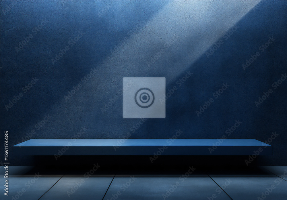 Poster minimalist abstract background for product presentation, a blue rectangular podium with a shadow on 
