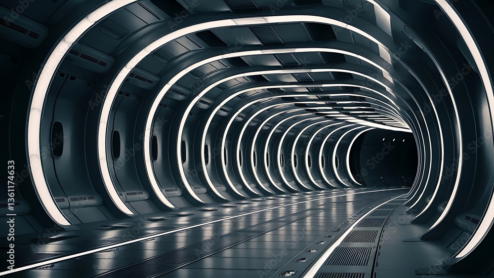Poster empty spaceship corridor. futuristic tunnel with light