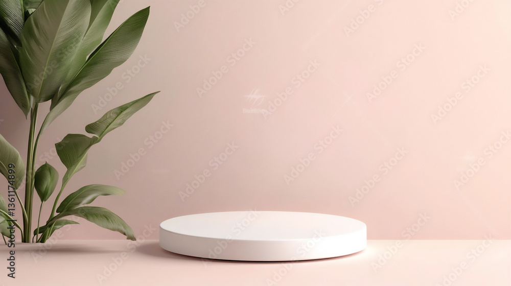 Poster minimalist background with a round podium for product display presentation in a light pink color, ve