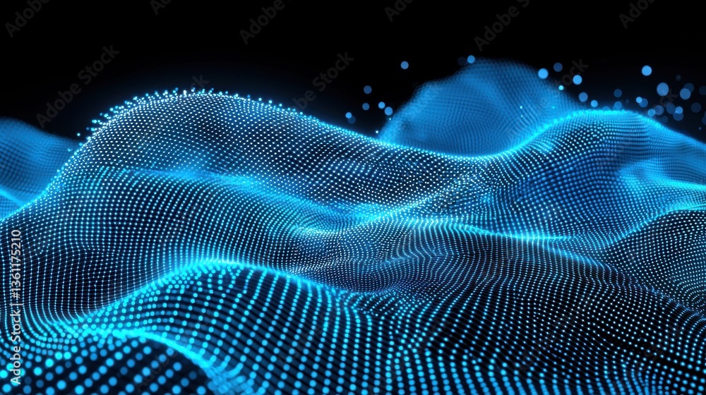 Poster glowing futuristic digital landscape with flowing particle waves of electricity and energy abstract 