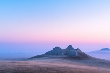 serene panorama capturing ancient historical site at dawn bathed in soft glow of early morning light invites sense