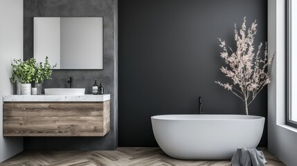 Fototapeta premium Elegant and Tranquil Bathroom Oasis with Minimalist Design A serene and soothing space featuring a freestanding tub wooden vanity and natural accents for a spa like ambiance
