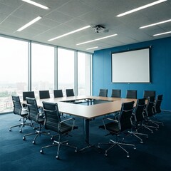 Sala de reuniones moderna con grandes ventanales que iluminan el espacio. Las paredes son azules y no hay personas presentes. La sala está equipada con una mesa rectangular grande, sillas, etc